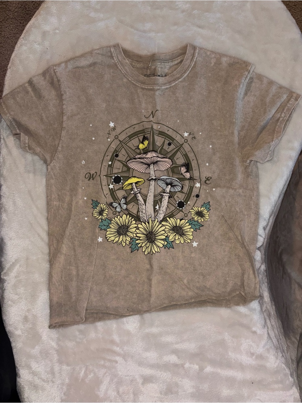 Fifth Sun Brown Graphic Mushroom & Sunflower Crop Tee